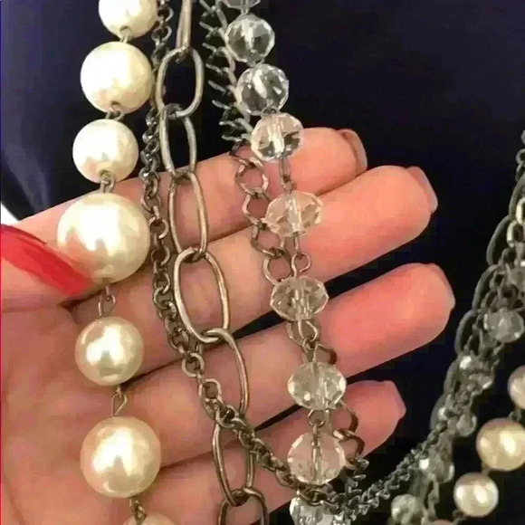 5 Layered Statement Pearl Crystal Necklace - Picture 2 of 7